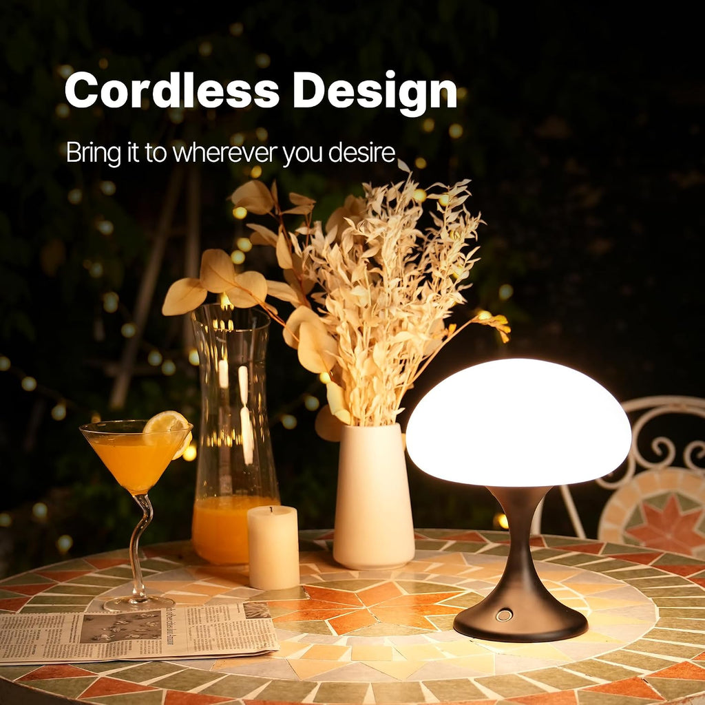 MAGCHARM Mushroom Lamp, 5W LED Cordless Rechargeable Table Lamp with Glass Shade, Small Retro Dimmable Touch Light with 3 Color Temps, Aesthetic Mid Century Bedside Light for Bedroom Ambient, Black