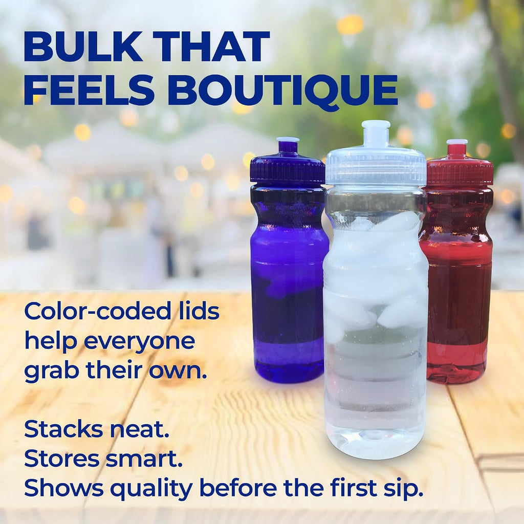 Rolling Sands Reusable Bulk Water Bottles 30 Pack - 24 Oz Sports Water Bottles, USA Made, BPA-Free, Wide Mouth for Easy Cleaning, Break Resistant - Translucent Clear Bottle/Yelow Lid