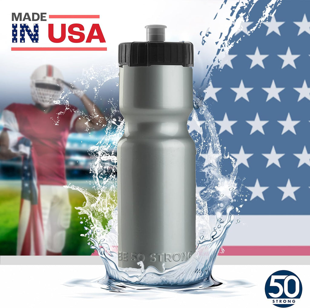 50 Strong | Bulk Water Bottles, 24-Pack, 22 oz, Sports Squeeze, Silver