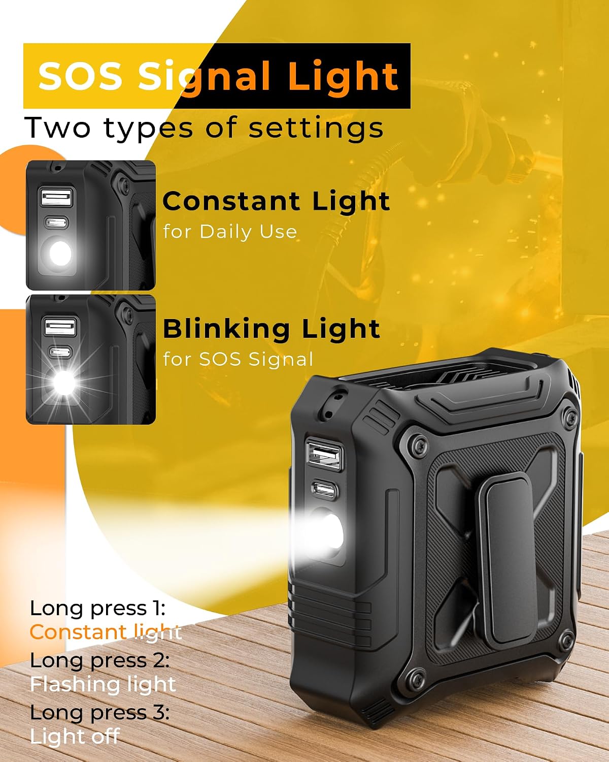 TUNISE Portable Fan with 5-Speed Settings, Dual-Sided Clip on Wearable Belt Waist Fan for 8000mAh, 2 Settings including Flashlight,Travel Essential for Outdoor Camping as Power Bank