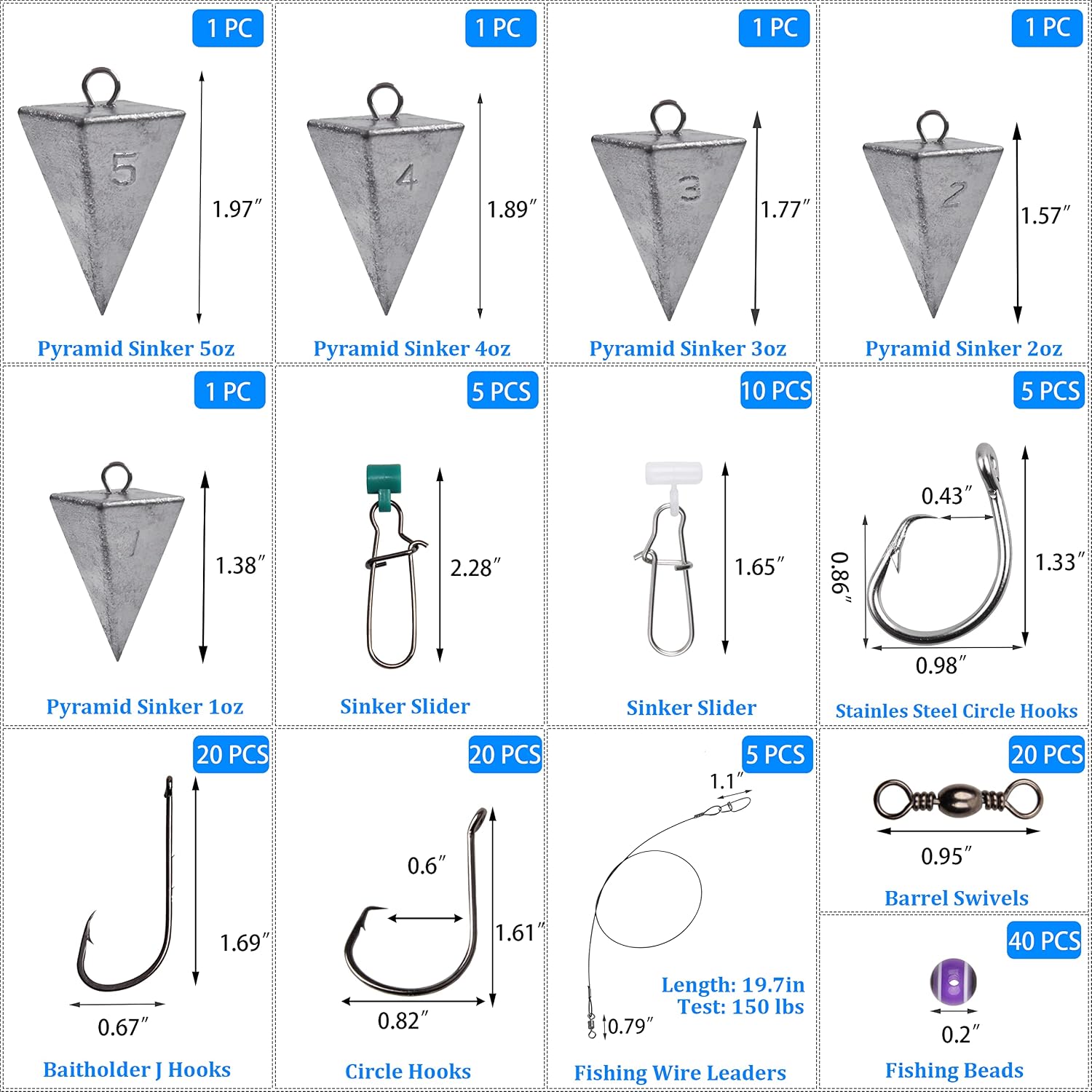Surf Fishing Tackle Kit, 130pcs Saltwater Surf Fishing Rigs Fish Finder Rig Live Bait Rigs Include Fishing Leaders Pyramid Sinker Weight Sinker Slider Fishing Hooks Swivels Surf Fishing Accessories