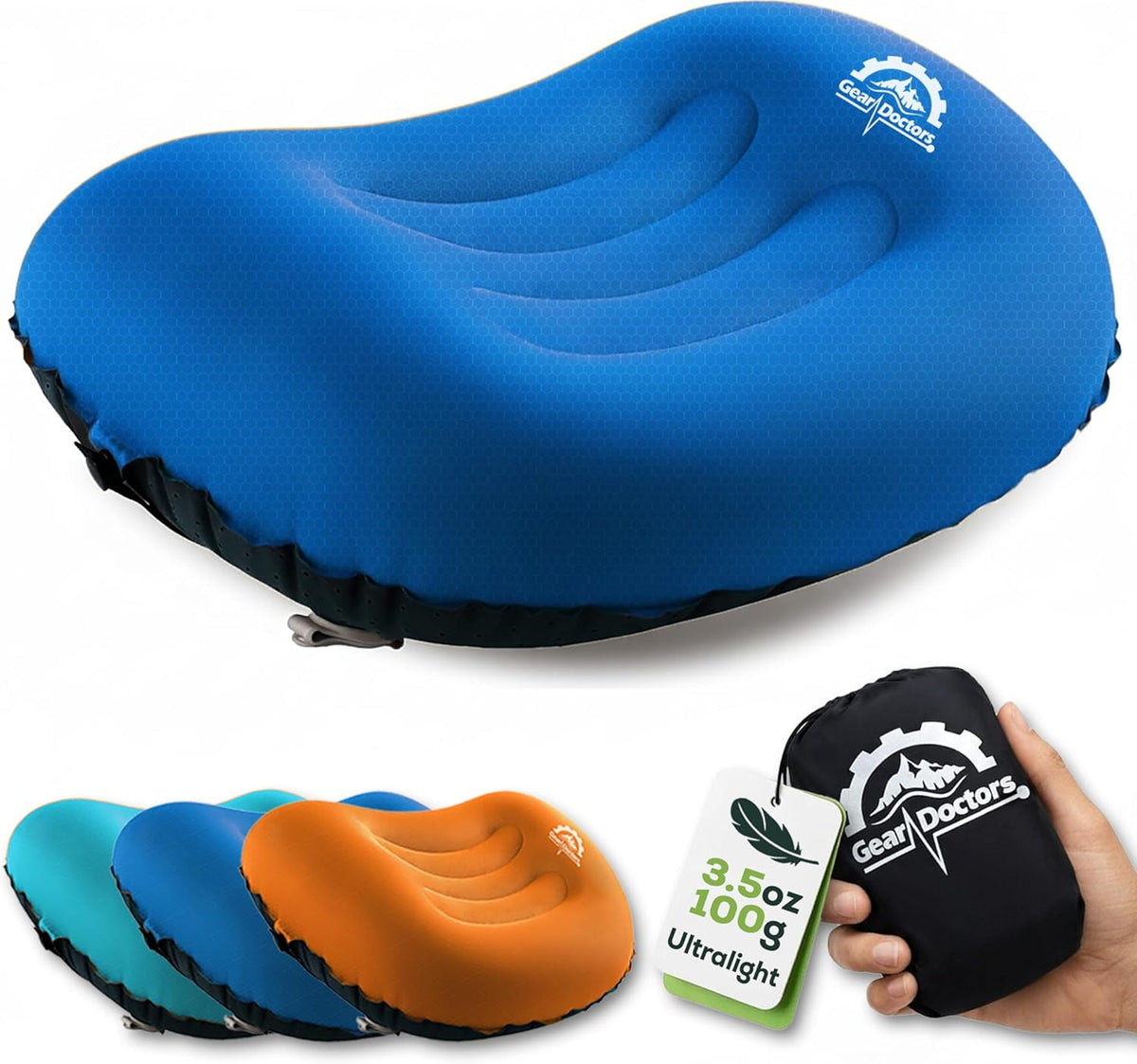 Gear Doctors 3.5oz Compact Ultralight Inflatable Camping Pillow —Inflatable Camp Pillow —Backpacking Pillows Ultralight—Camping Pillows for Sleeping, Hiking, Travel, Beach, Office, Neck, Lumper [Blue]
