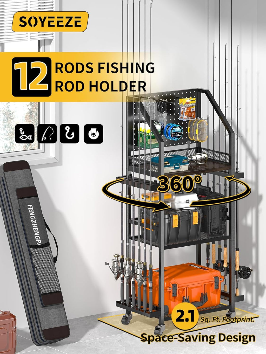SOYEEZE Fishing Rod Holders for Garage, Fishing Pole Holders Up to 12 Rods with Pegboard and Hooks,Rolling Fishing Cart with Wheels, Fishing Gear Storage For Tackle Box & Reel Organization-6 Hooks