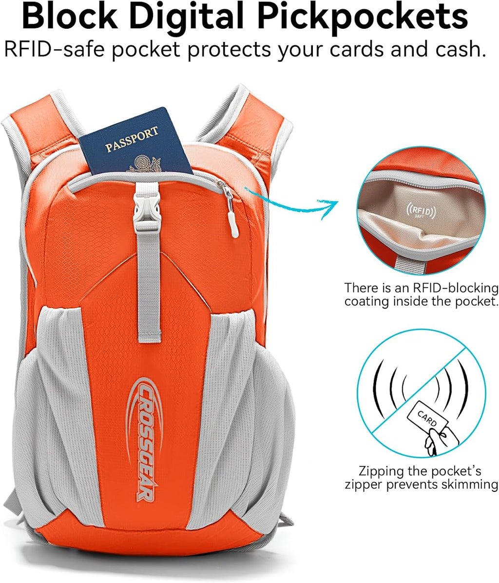 CROSS GEAR 16L Foldable Hiking Backpack, RFID Protection, Lightweight Waterproof Daypack, Packable Backpacks for Women Men, Small Hiking Daypack for Camping Travel Outdoor, Orange