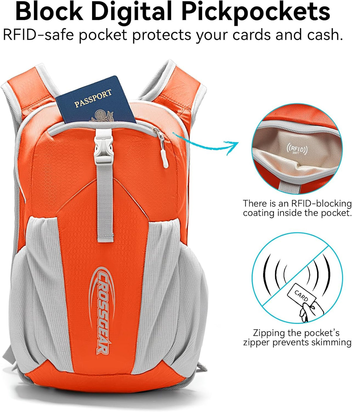 CROSS GEAR 16L Foldable Hiking Backpack, RFID Protection, Lightweight Waterproof Daypack, Packable Backpacks for Women Men, Small Hiking Daypack for Camping Travel Outdoor, Orange