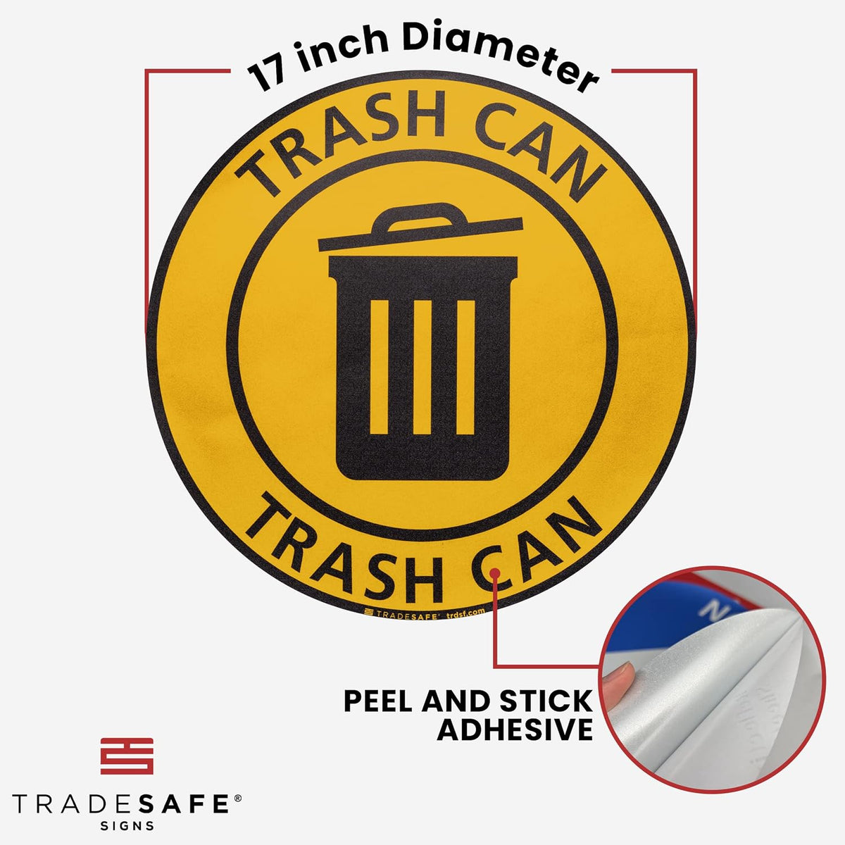 TRADESAFE Trash Can Anti-Slip Floor Sticker - Trash Can Decal Caution Sign, Peel and Stick Adhesive Vinyl Sign, ANSI-Compliant, 17” Diameter Round Sticker Yellow, Black