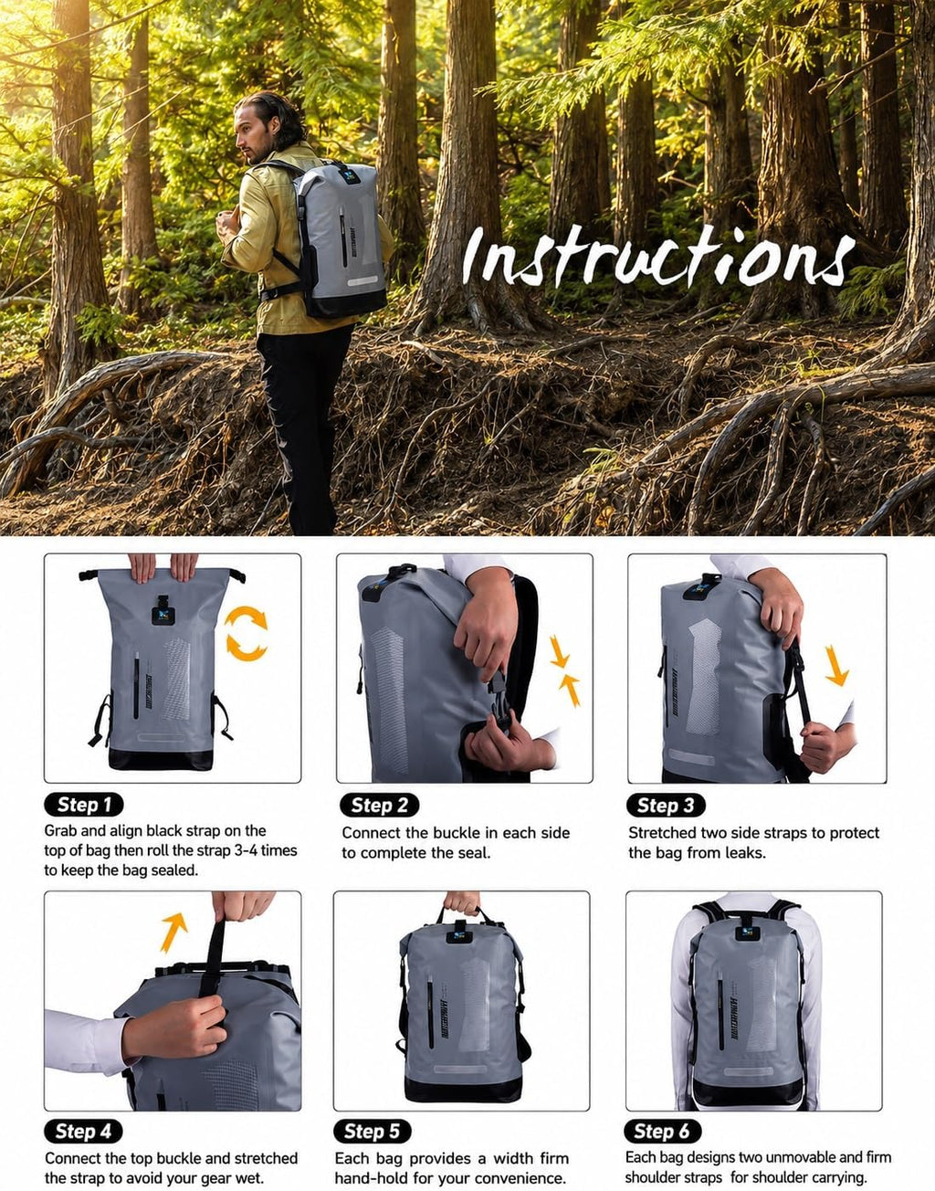 dry Waterproof Backpack and Dry Bag 20L/30L/40L, Floating Bag for Men, Kayak, Gray, 30L, Hiking Backpack
