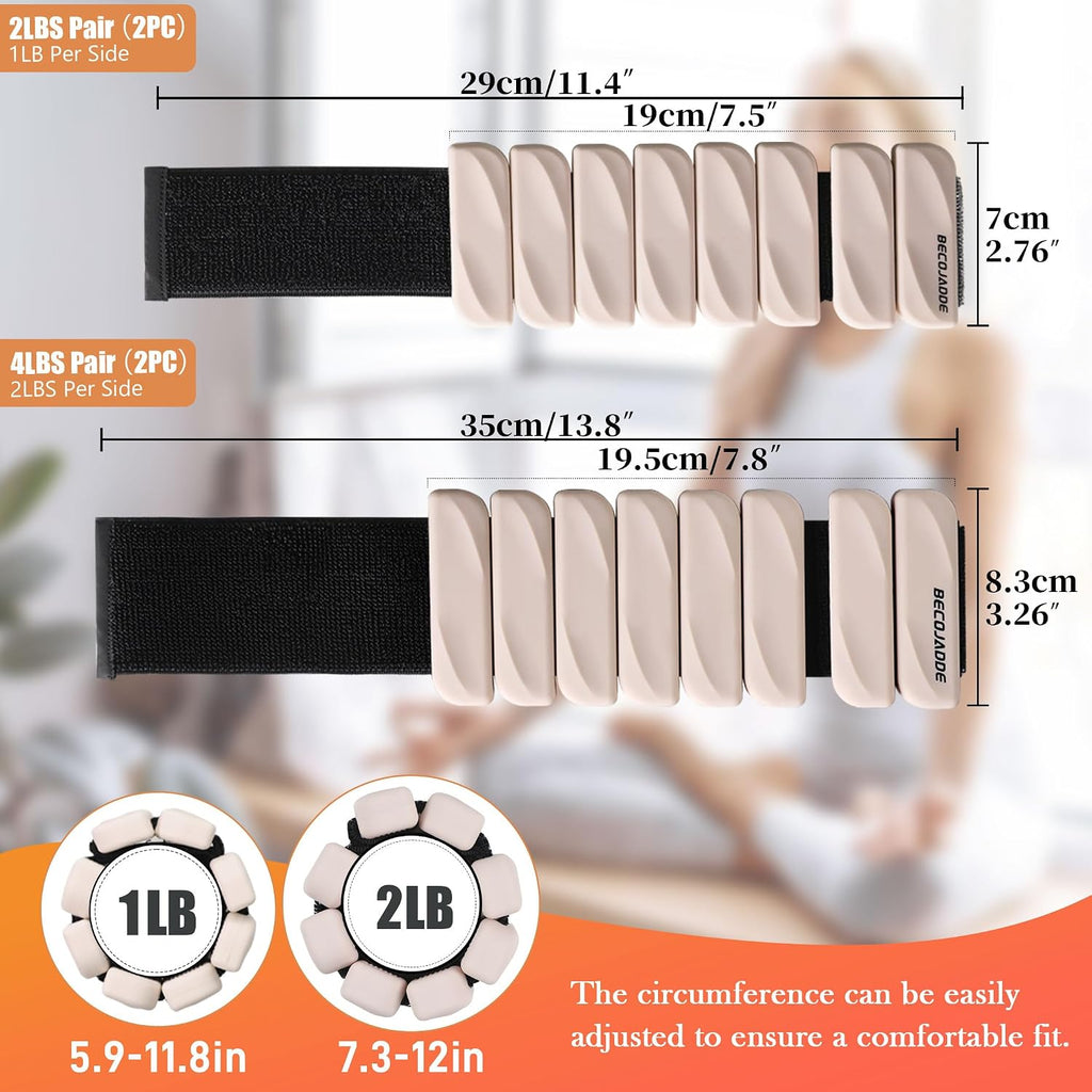 BECOJADDE Ankle Weights for Women Set of 2 (1 lb / 2 lb Each), Adjustable Weighted Wrist Weight for Pilates Walking, Arm & Leg Training
