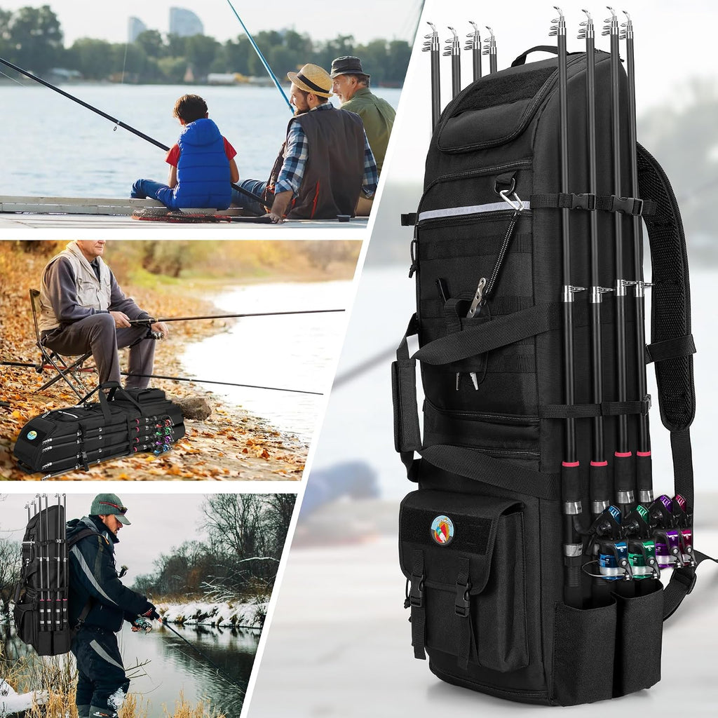 Rexmica Fishing Rod Tackle Bag Fishing Backpack Holds 8 Rods & Reels