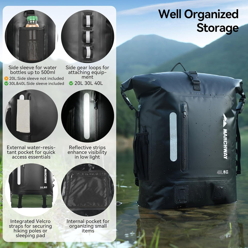 MARCHWAY Roll Top Waterproof Backpack, Floating Dry Bag 20L/30L/45L with Ergonomic Rectangular Base, Cushioned Back, Hip Strap for Hiking Camping Kayaking Travel (Black, 30L)