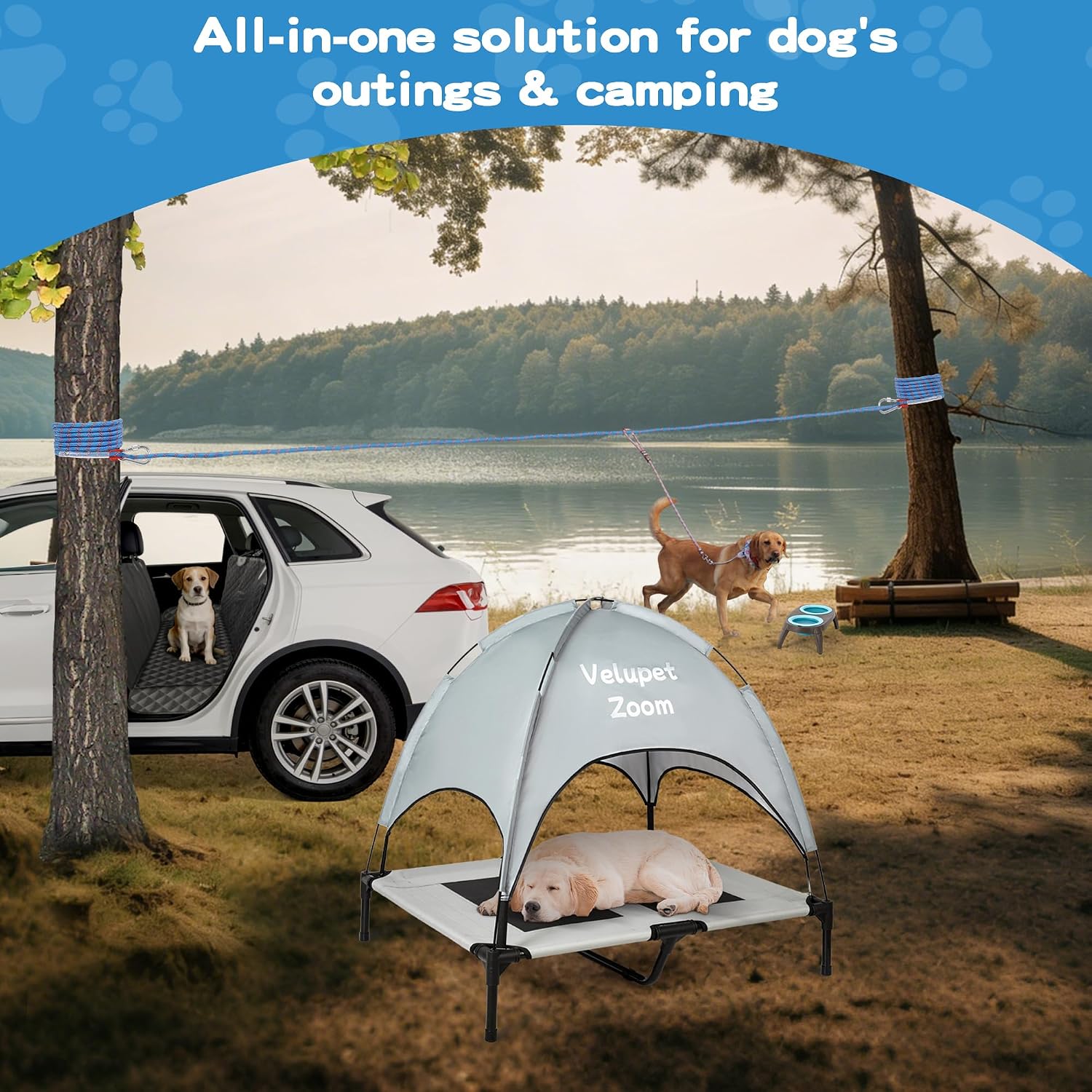 4-in-1 Pet Travel & Outdoor Set, Include 36in Gray Elevated Dog Bed with Canopy, Dog Canopy Bed, Pet Back Seat Cover, 50ft Tie Out Cable, Collapsible Double Pet Bowls