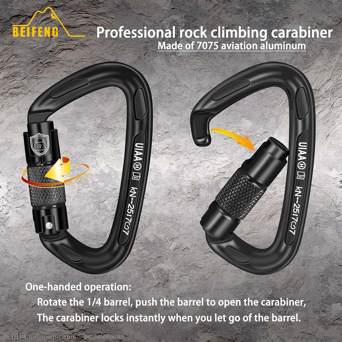 BEIFENG 25KN Auto Locking Carabiner - UIAA Certified Heavy Duty Climbing Carabiners for Rock Climbing, Camping, Rappelling, Hunting, Rescue Equipment - Professional Carabiner Clips (Black)