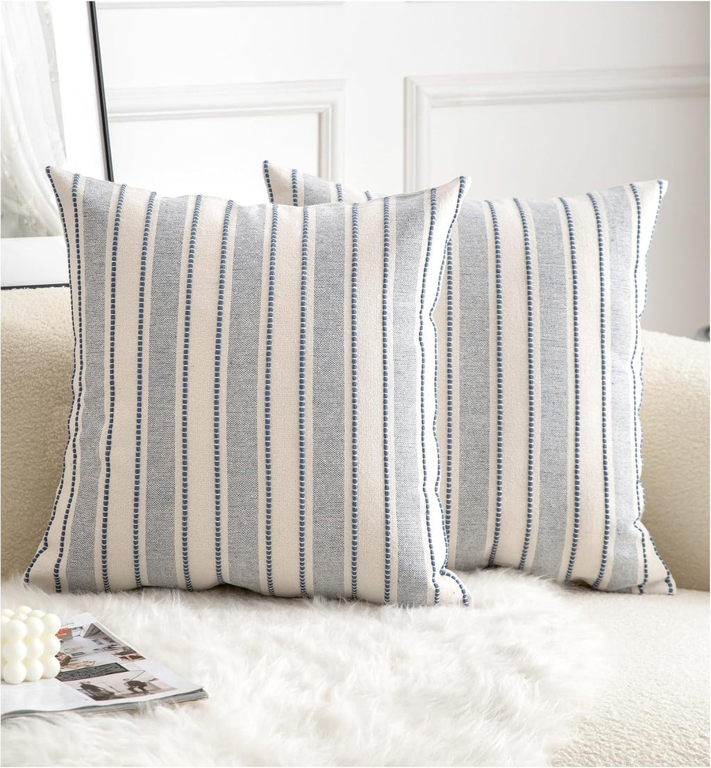 Cethom Decorative Boho Throw Pillow Covers, Farmhouse Textured Pillow Case, 18 x 18 Inch Set of 2, Chair Sofa Bedroom Living Room Home Decor Couch Cushion Case, Classic Blue and Beige Striped