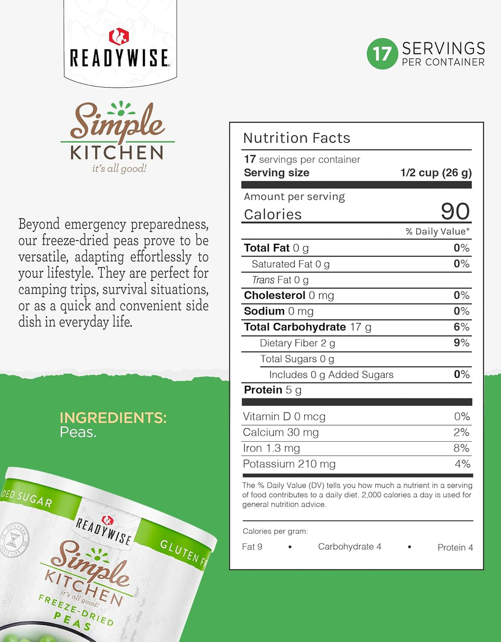 SIMPLE KITCHEN Freeze Dried Peas #10 Can, 17 Servings, Emergency Camping
