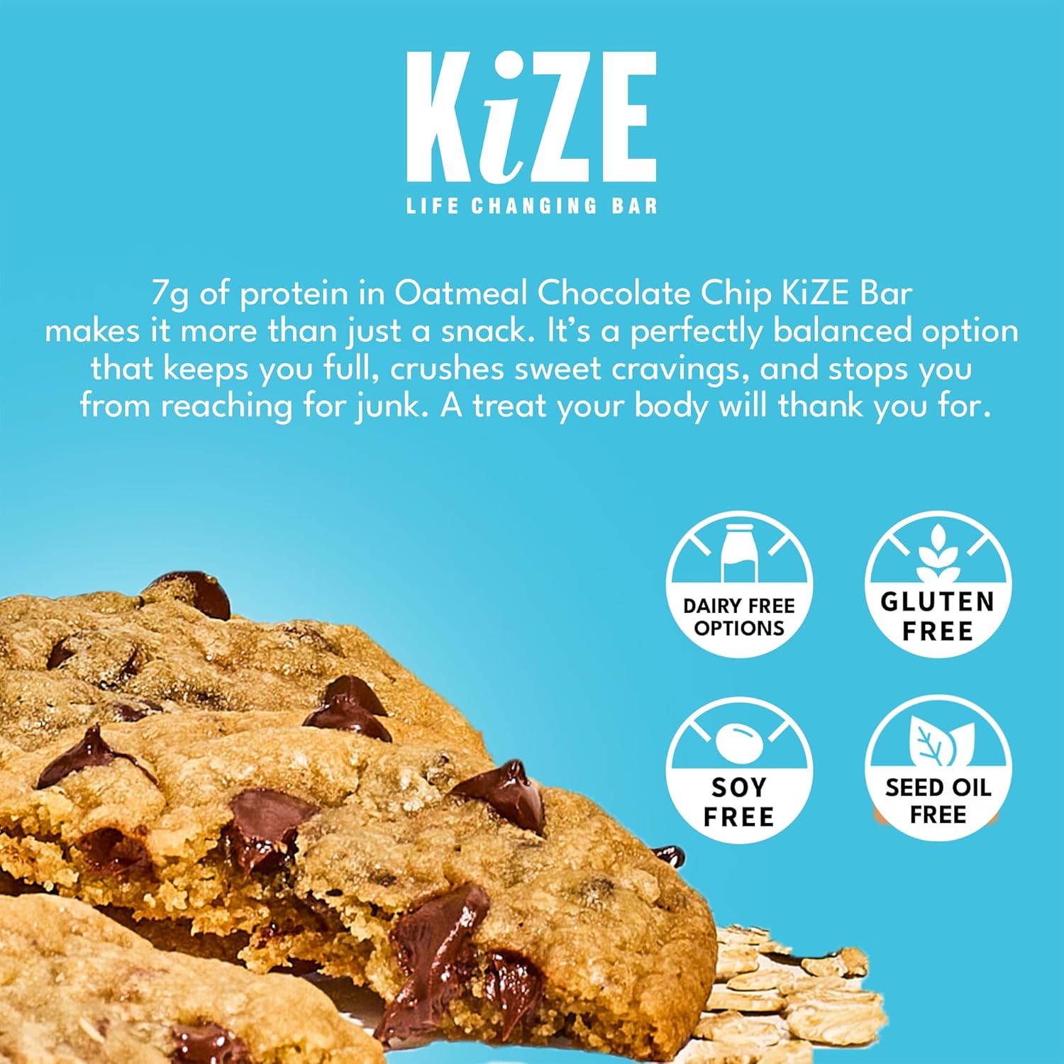 KiZE Energy Bars - Oatmeal Chocolate Chip - 20-Count - Gluten Free, Dairy Free, Non-GMO, and High Protein Meal Replacement Energy Bars, Clean and Simple Food Ingredients - 7g High Protein Snacks (20 Count)