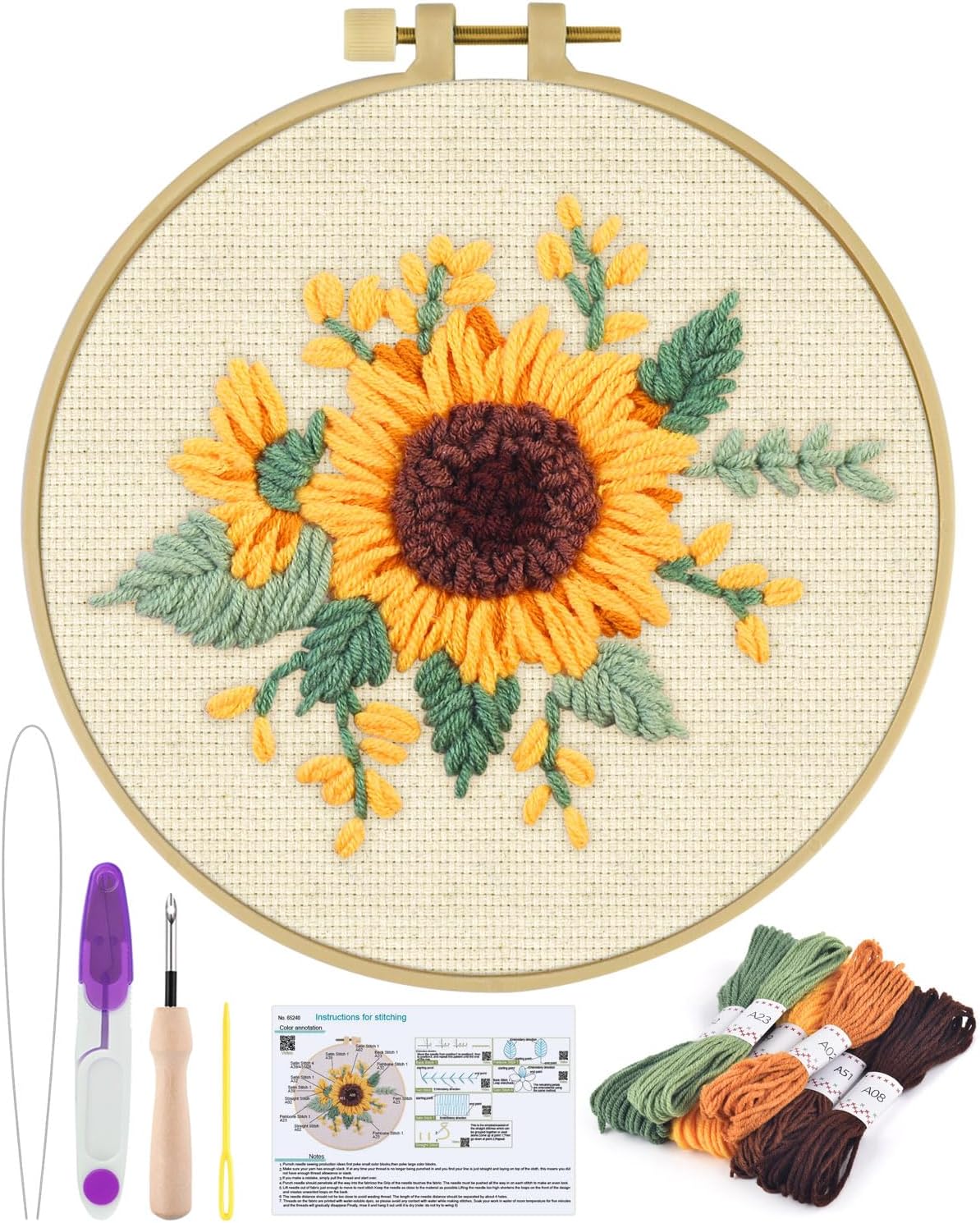 ERKOON Punch Needle Kit Beginners Adults, DIY Easy Flower Embroidery Set for Starter Art Craft, Needling Punching Project with Patterns, Tools, Yarns, Hoop, Instruction (Colorful Daisies)