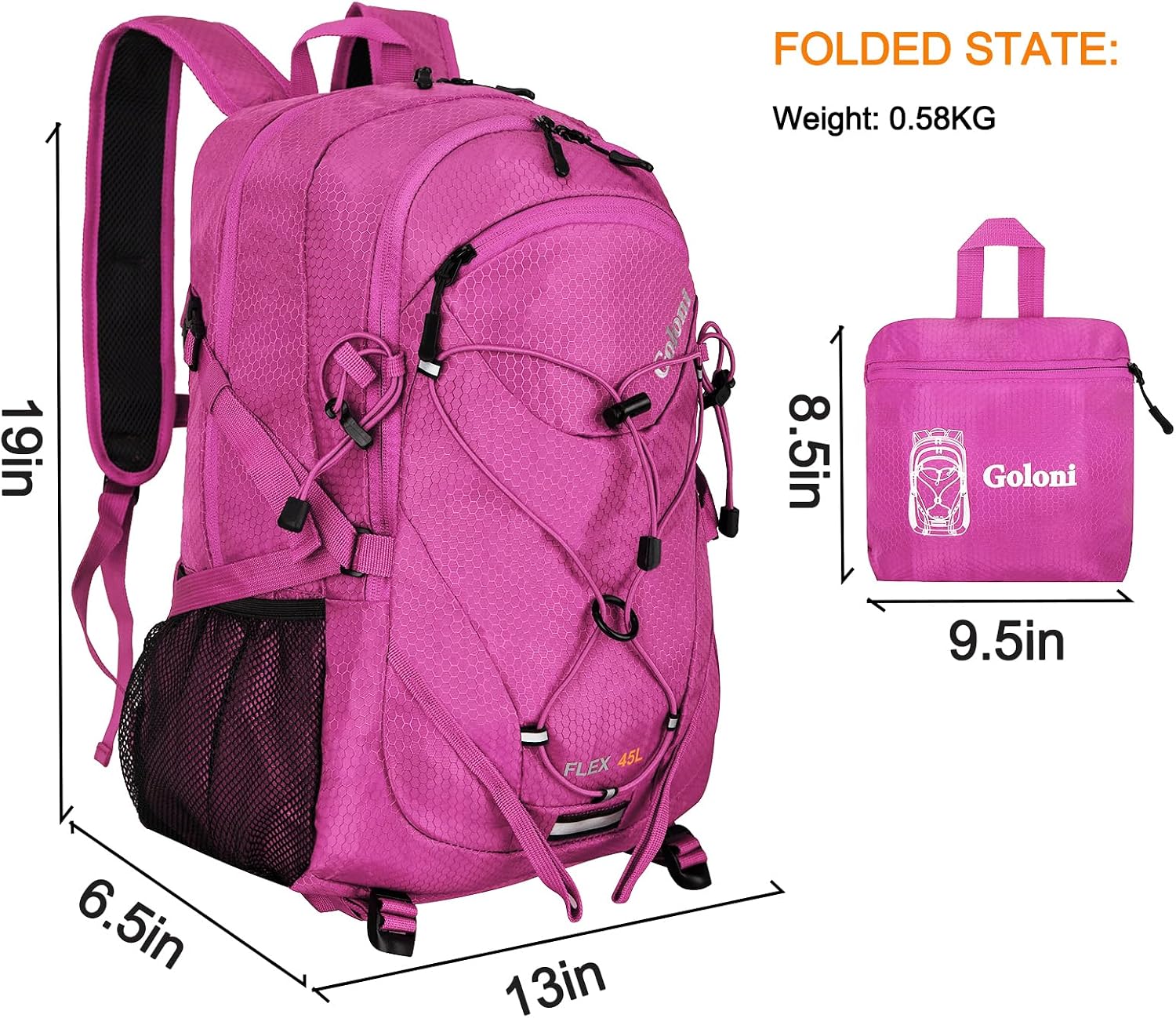 Goloni 45L Hiking Backpack Lightweight Foldable, Waterproof Camping Backpack with Rain Cover & Hiking Pole Mat Carrying System, Ergonomic Water Resistant Daypack for Trekking Travel Men Women Rose
