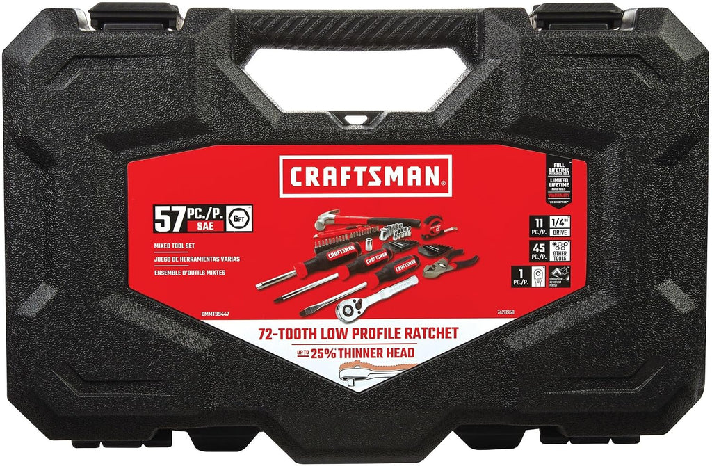 CRAFTSMAN 57 Piece Mechanics Tool Set Home Tool Set, Sockets, Ratchet, Screwdrivers, Hammer, Pliers, Hex Keys, Specialty Bits Hand Tools (CMMT99447)