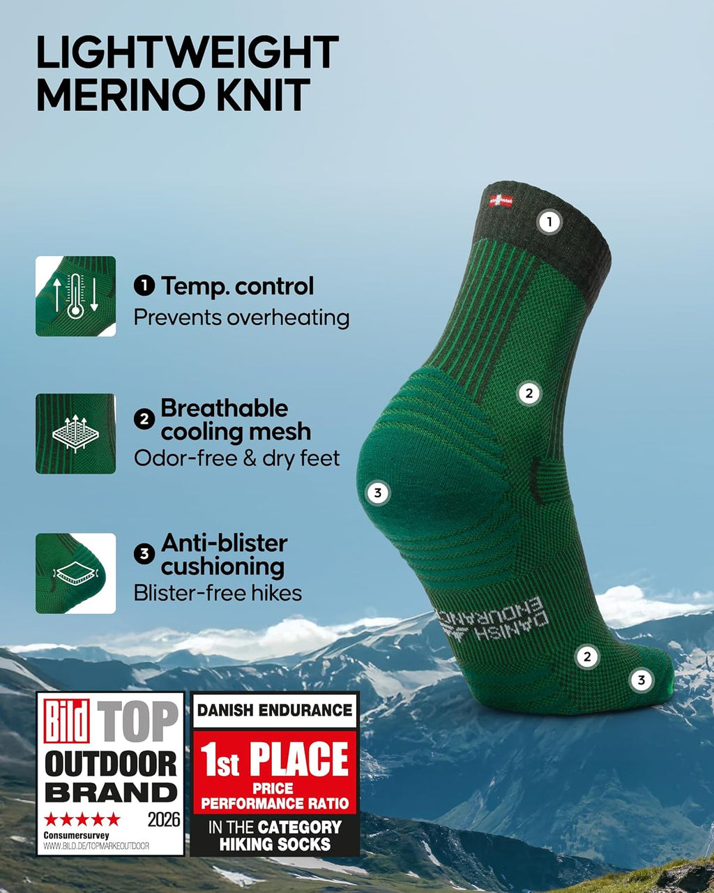 DANISH ENDURANCE Merino Wool Hiking Socks, Lightweight & Breathable