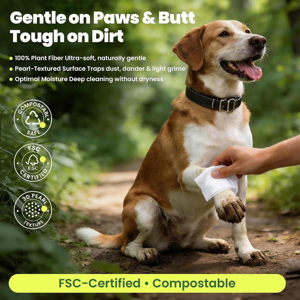 Unscented Dog Wipes & Cat Wipes (4x50 Packs) | Hypoallergenic, pH Balanced for Paws, Body, Eyes & Ears Grooming |All-Natural Plant Fiber Wipes with Aloe & Vitamin E | Pearl Texture