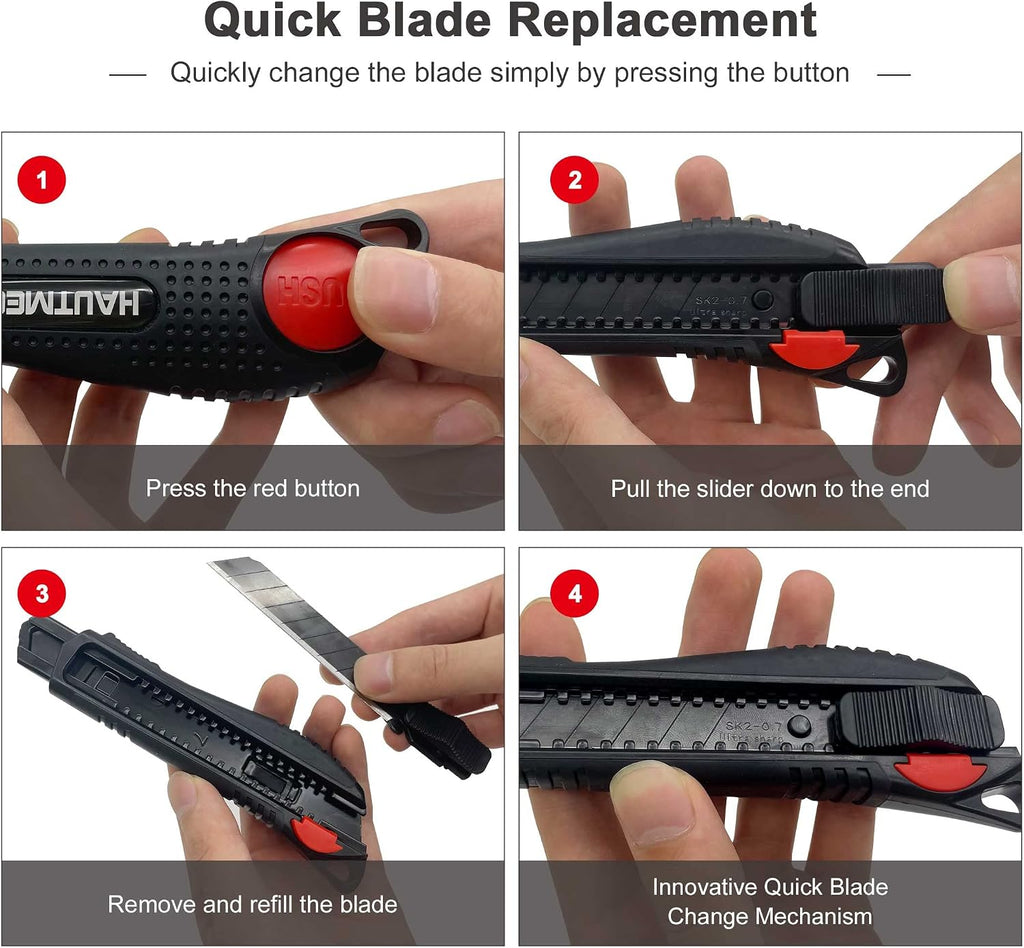 HAUTMEC 18mm Soft Grip Auto-Lock Utility Knife With Red Safety Switch, Sturdy Cutter with Ultra Sharp Black Snap-off Blade HT0081-4PC