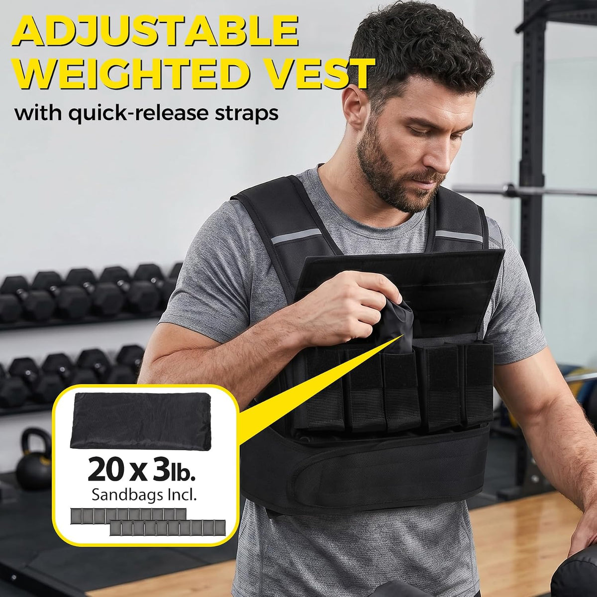 F2C Adjustable Weighted Vest 30lb / 40lb / 60lb, Removable Sandbag Weight Vest for Men Women, Running Walking Rucking, Strength & Fitness Training Vest with Reflective Strips
