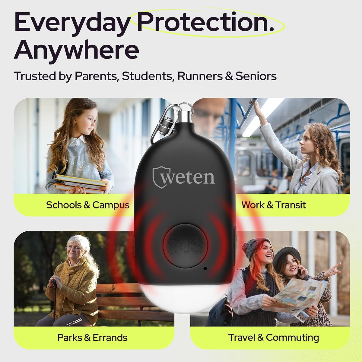 Rechargeable Personal Alarm Keychain for Women, 130dB Siren, Black