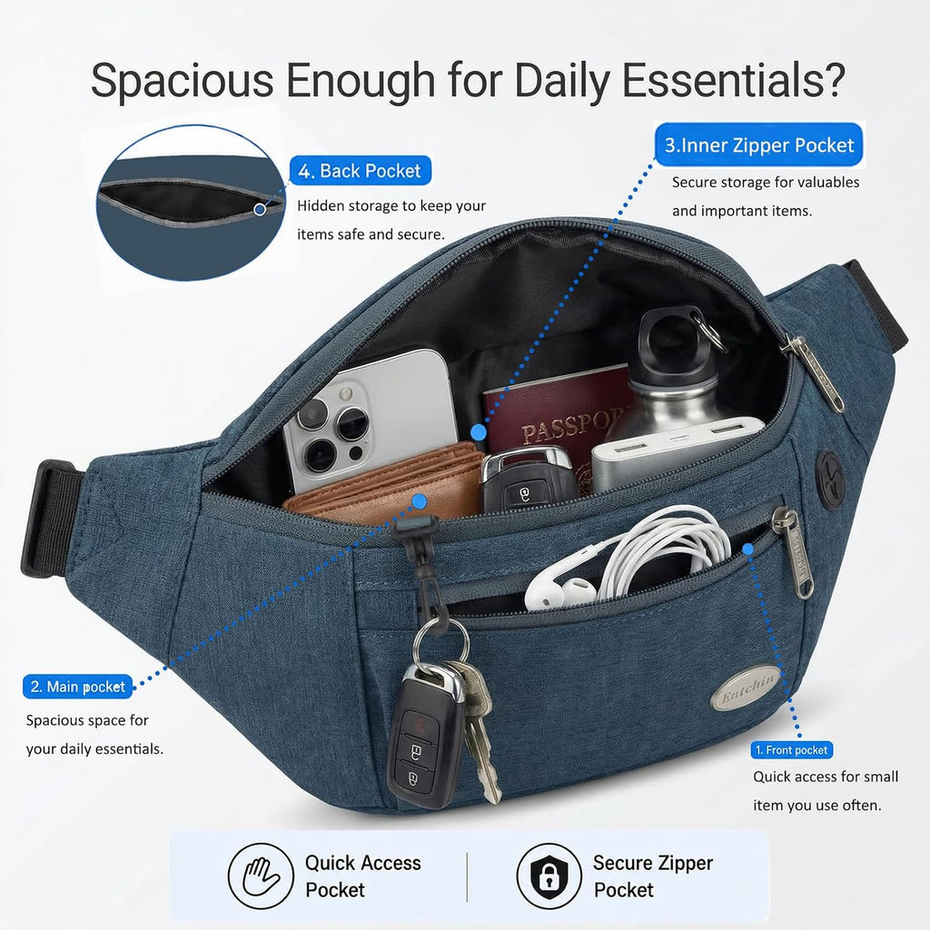 Entchin Water-Resistant Fanny Pack, 4-Zipper Belt Bag