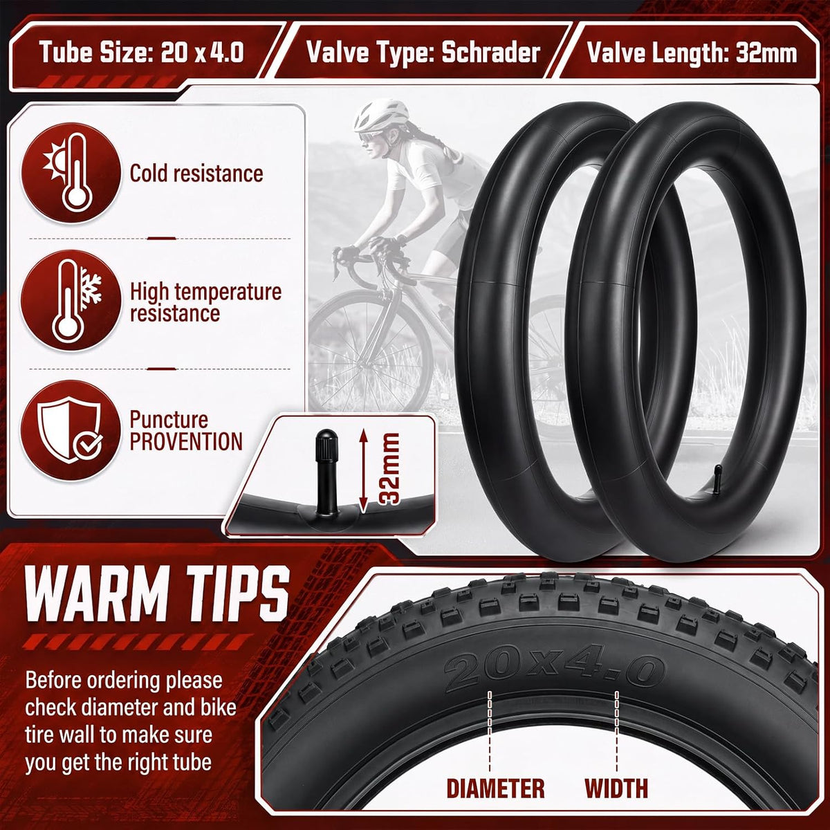 BBTO 57 Pcs Bike Tire Repair Kit Includes 20 x 4.0 Inches Heavy Duty Fat E-Bike Tubes Inner Tube with Valve Fat Tires Tubes, Patches, Tire Levers and Repair Glue, Valve Cores, Valves Stems and Rasp