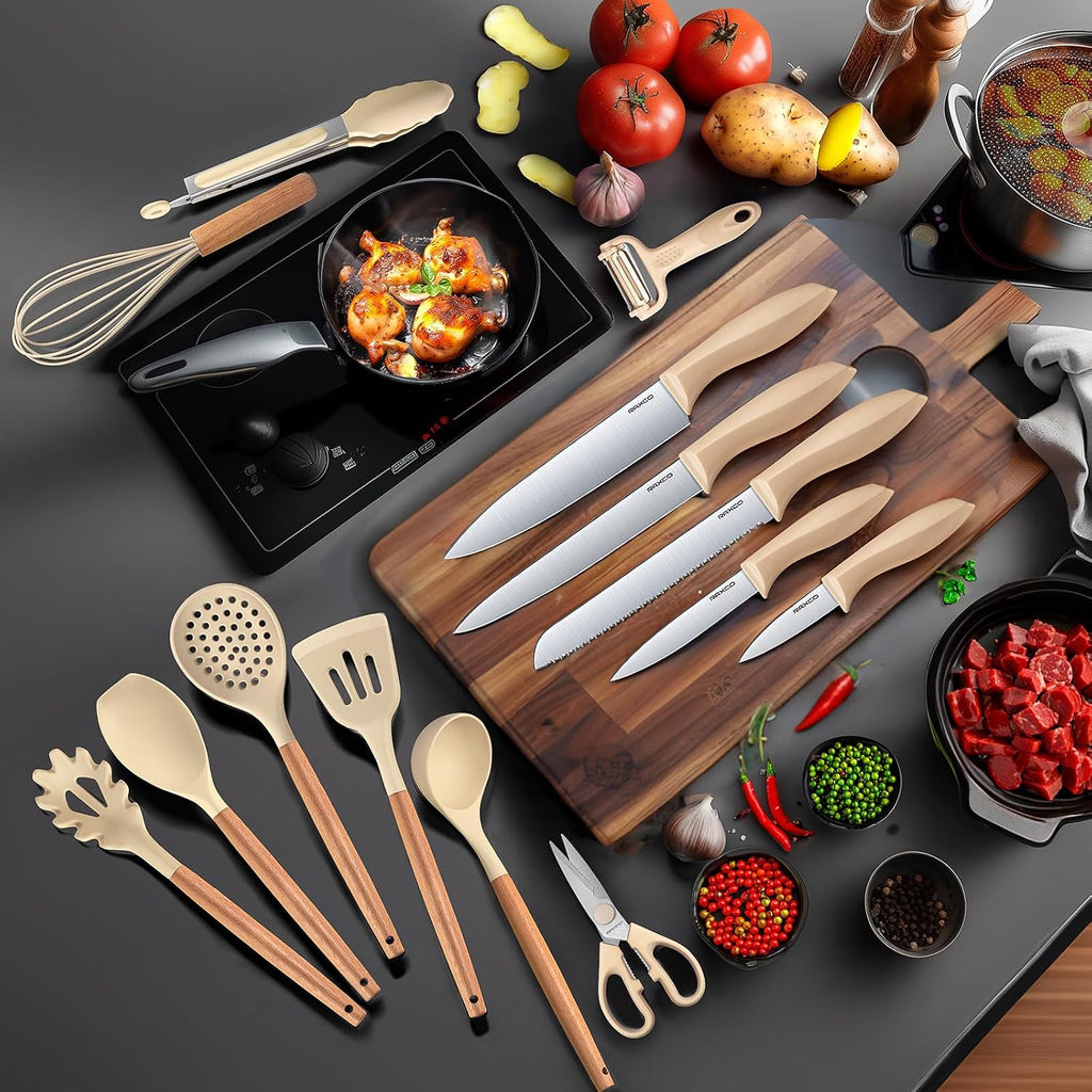 RAXCO Cooking Utensils Set,18-Piece Kitchen Utensils and Knife Set,Khiki