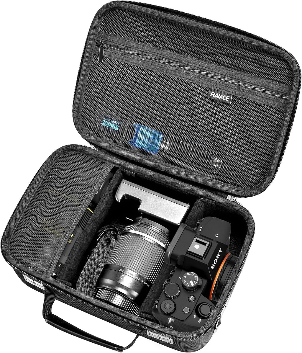 RAIACE Hard Case Compatible with Sony Alpha 7 II III IV/7R V Camera, for Nikon, for Canon, for Pentax and More.Large Capacity With Mesh Pocket for Lens, Charger, Cables, Cards and Accessories.-Black