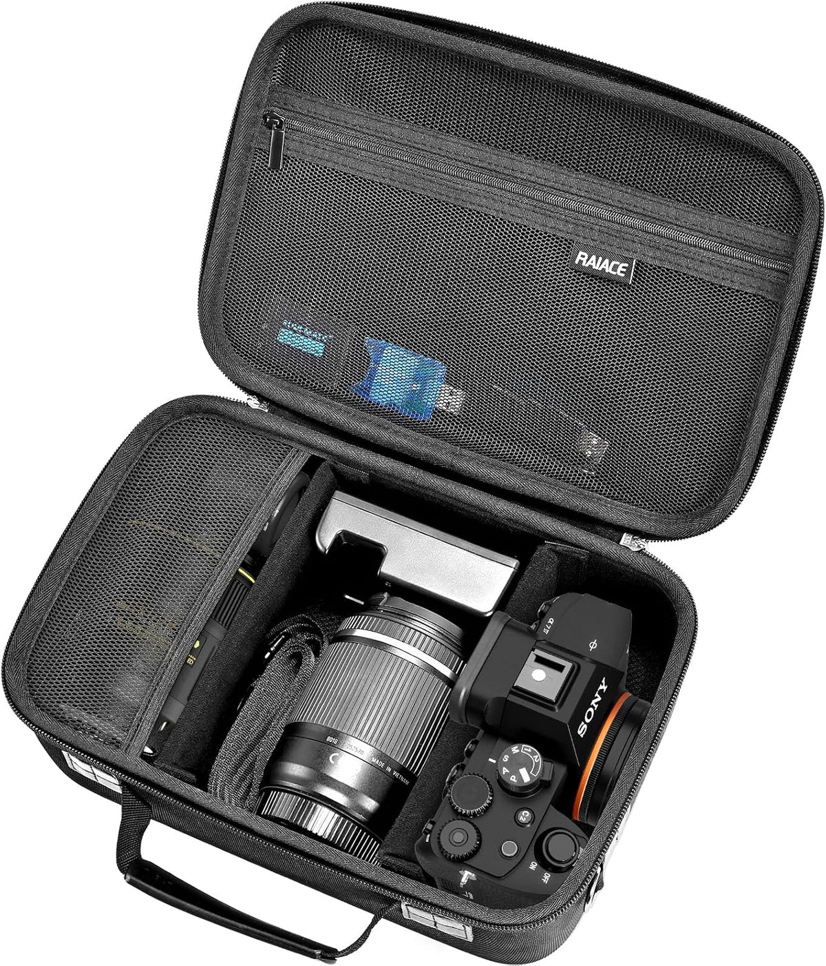 RAIACE Hard Case Compatible with Sony Alpha 7 II III IV/7R V Camera, for Nikon, for Canon, for Pentax and More.Large Capacity With Mesh Pocket for Lens, Charger, Cables, Cards and Accessories.-Black