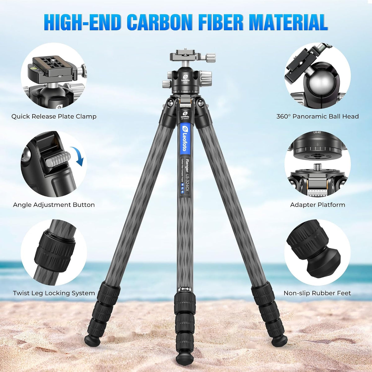 LEOFOTO 71" Travel Tripod Carbon Fiber for Camera, Compact Lightweight Tripod with 360°Panorama Ball Head,QR Plate, Removable Center Column, Load up to 15kg/33lbs