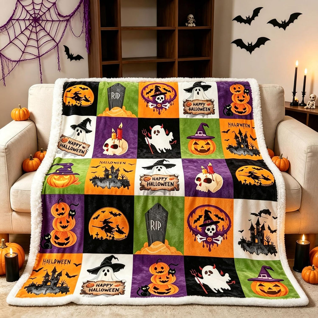 Halloween Throw Blanket 50"x60", Soft Cozy Plaid Blanket with Pumpkin Ghost Witch, Lightweight Flannel Fleece Throw for Couch Bed, Spooky Home Decor, Gift for Halloween Lovers