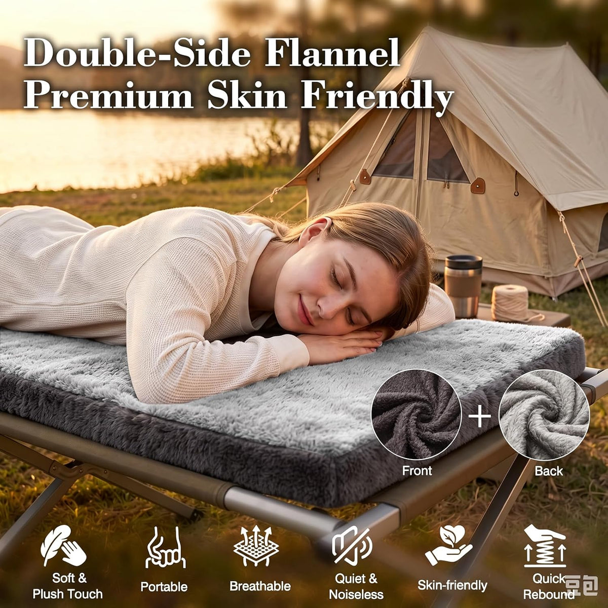 Thick Foam Camping Sleeping Pad, Soft Sleeping Mat, Double Side Fluff Camping Cot Pads for Adult, Non-Slip Roll up Camping Cot Mattress Topper for Camp Cot/Rv Bunk/Narrow Twin Beds, Pad Only