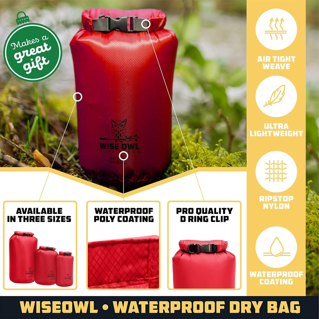 Wise Owl Outfitters Waterproof Dry Bag 3-Pack – Lightweight & Airtight 5L/10L/20L Small & Large Dry Bags for Kayaking, Beach, Travel, Boating, Hiking