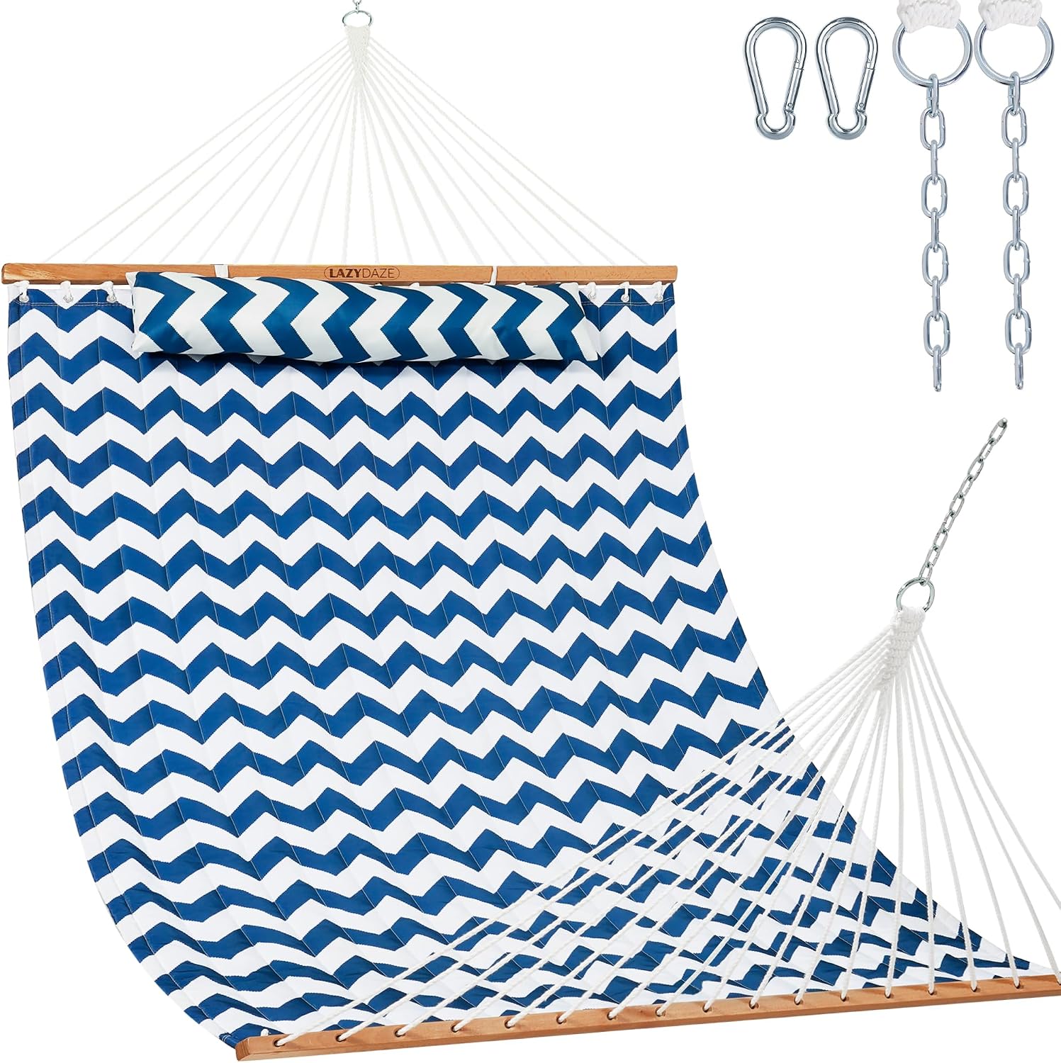 Lazy Daze Double Quilted Hammock with Pillow and Carabiners, Blue Chevron