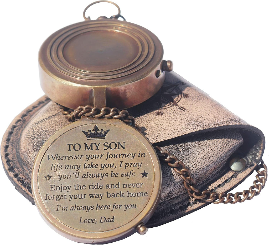 Brass Engrved Compass for Men, Pocket Compass with Leather Case, Antique Handmade Religious Gift Idea for Graduation, Communion, Baptism (to My Son, Love Dad)