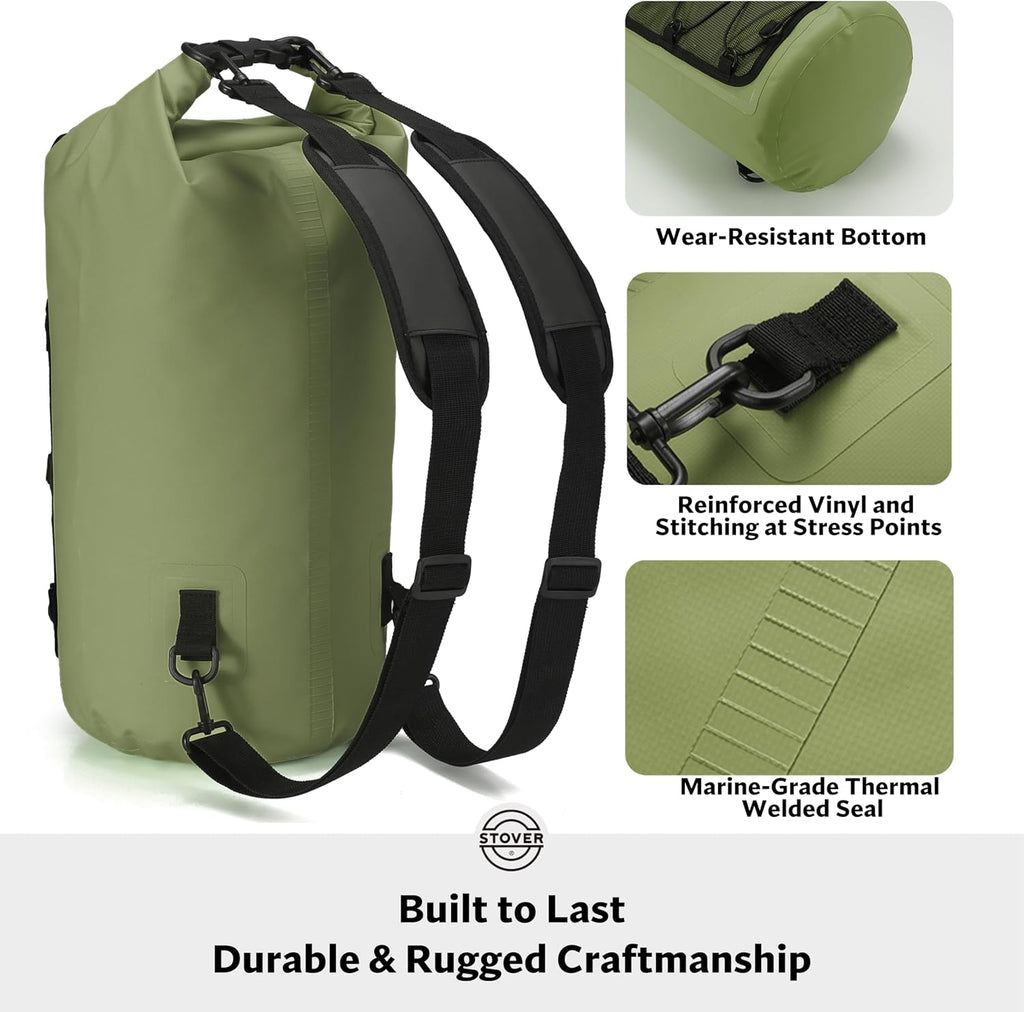 STOVER 5/10/25/30/40L Waterproof Dry Backpack & Phone Case- Large Floating Dry Bag for Kayaking, Travel, Hiking, Fishing, Camping, Motorcycles & Beach, Heavy-Duty Roll Top Men/Women (Green)