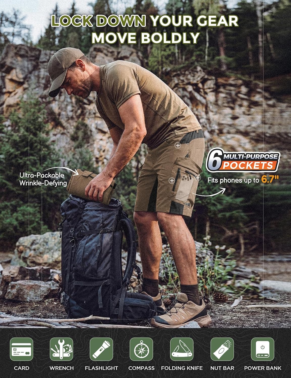 XKTTAC Men's Hiking Cargo Shorts: 4-Way Stretch with 6 Secure Pockets