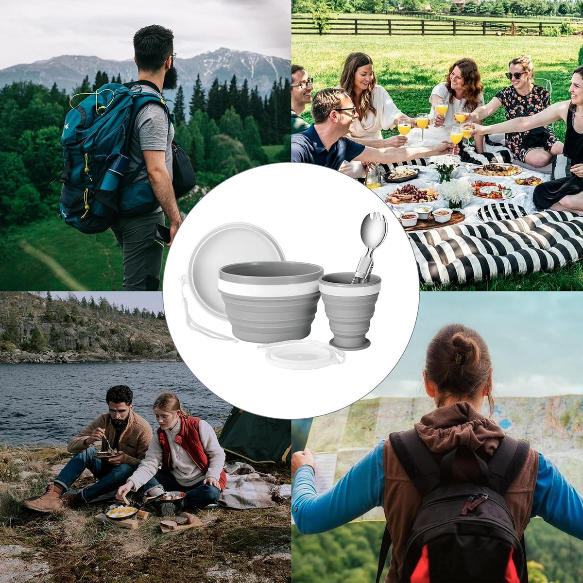 Odoland Camping Collapsible Silicone Cup and Bowl Set, Portable Mess Kit