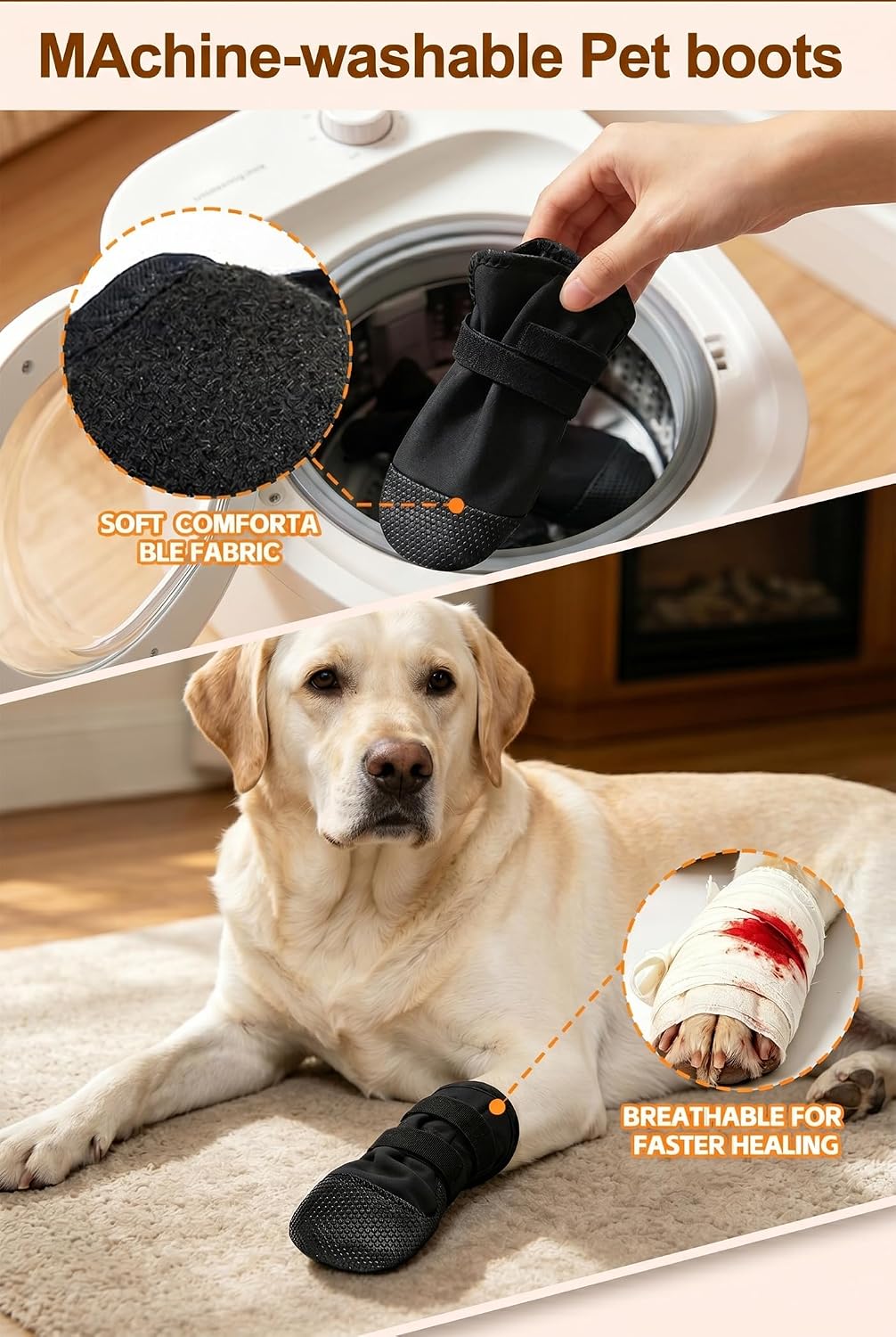 Dog Paw Wound Recovery Boot with Self-Adhering Pet Bandage, Breathable Paw Protector Kit for Injured Paws,Anti-Slip Shoe & Vet Wrap for Post-Surgery Care, Licking Prevention (1 Boot+1 Roll) S