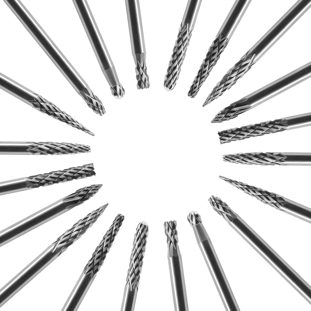Tungsten Carbide Burr Set 1/8 (3 mm) Shank, Die Grinder Bits, 20 PC Cutting Burr Bits, Carving Bits for Dremel, Double Cut Rotary Burr Set for Metall Carving, Engraving, Drilling, Polishing