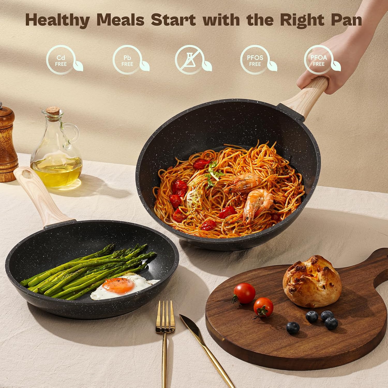 SODAY Pots and Pans Set Non Stick, 13Pcs Black Granite Induction Cookware