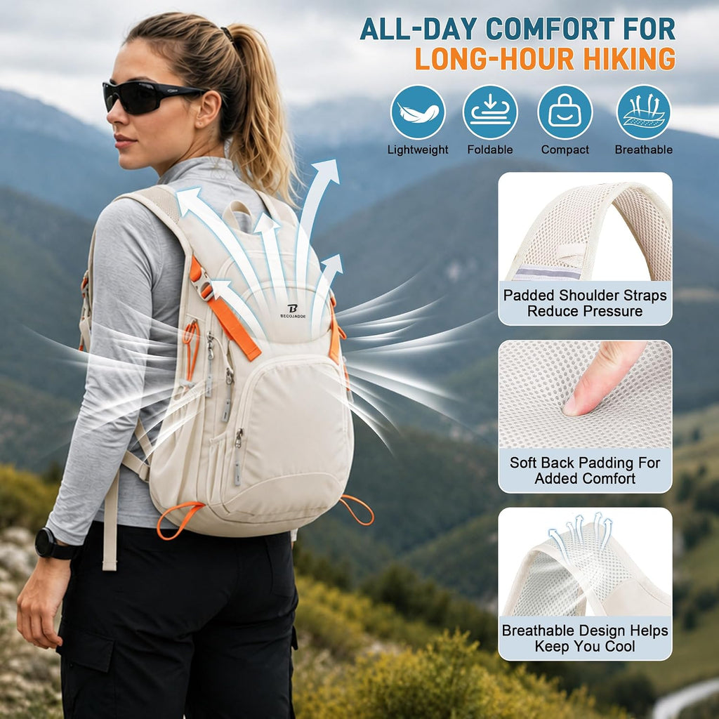 BECOJADDE 20L Hiking Backpack Lightweight Travel Backpacks Water-Resistant Daypack Fits Cycling Helmets for Men Women for Daily Outdoor Camping, Beige