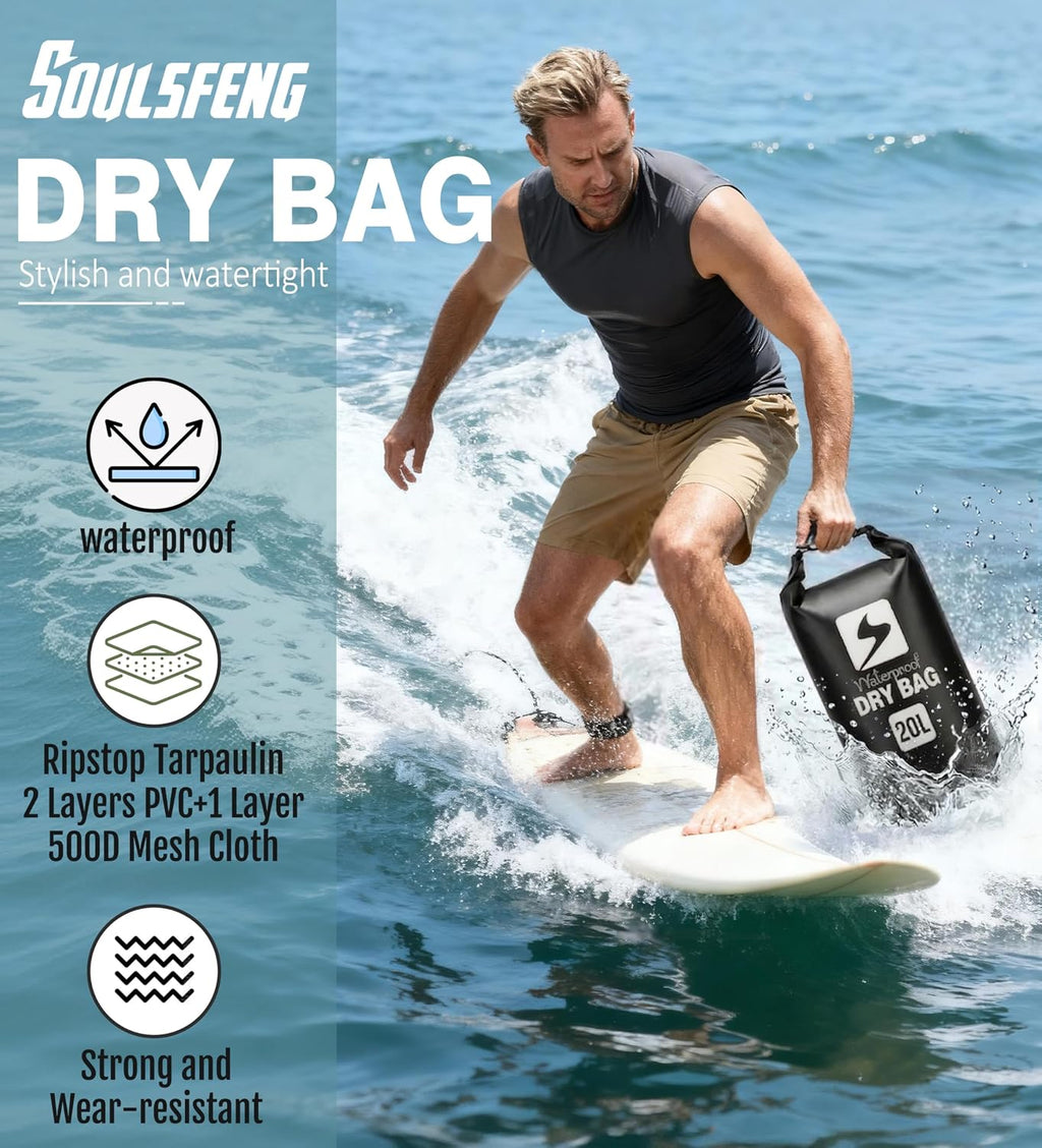 Soulsfeng Waterproof Dry Bag Backpack, Roll Top Floating Dry Storage Bag with Phone Case, Lightweight Dry Sack for Kayaking, Boating, Beach, Travel, Camping 20L, Black