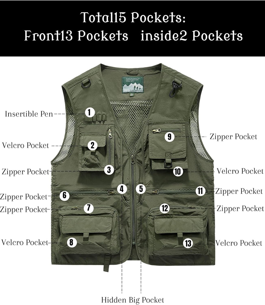 Men's Lightweight Mesh Fishing Vest Utility Outdoor Multi-Pocket Hunting Cargo Vest