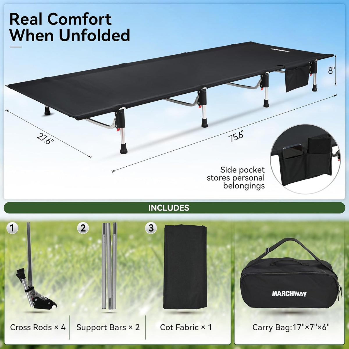 MARCHWAY Lightweight Folding Camping Cot Bed with Lever Lock, Easy Setup