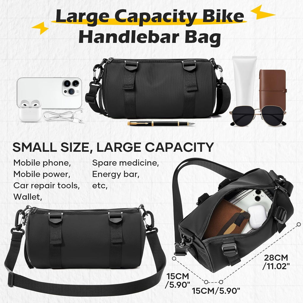 SEAFEW 6L Large Black Bike Handlebar Bag, Waterproof Rain Cover Front Bike Bag for Bicycles, Mountain Road Bike Fram Storage Barrel Bag with Water-resistant Zippers, Cycling Commuter Shoulder Bag