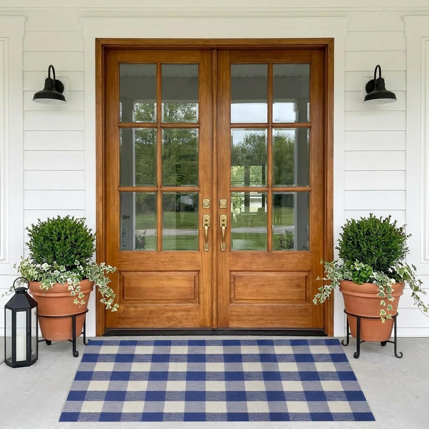 MUBIN Cotton Buffalo Plaid Rug, 3' x 5' Blue White Outdoor Rug Front Door Decorative Mat, Washable Doormat Hand-Woven Foldable Area Rug Layered Door Mats Rug for Front Porch, Entryway, Patio